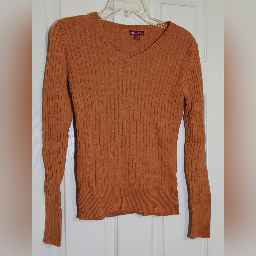 MERONA | XS Burnt Orange Lightweight Cotton Blend Ribbed Sweater